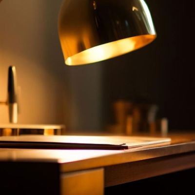 Silla y escritorio de madera con libros iluminados por un flexo de luz cálida