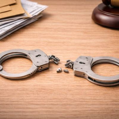 Esposas rotas sobre una mesa con carpetas y papeles