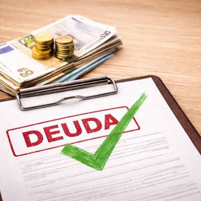 Folio con notificación de deuda y check verde al lado de billetes y monedas