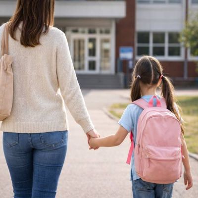 Madre llevando de la mano a su hija al colegio