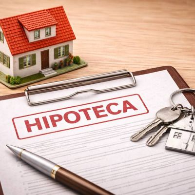 Contrato de hipoteca, con bolígrafo, llaves y una casa en miniatura
